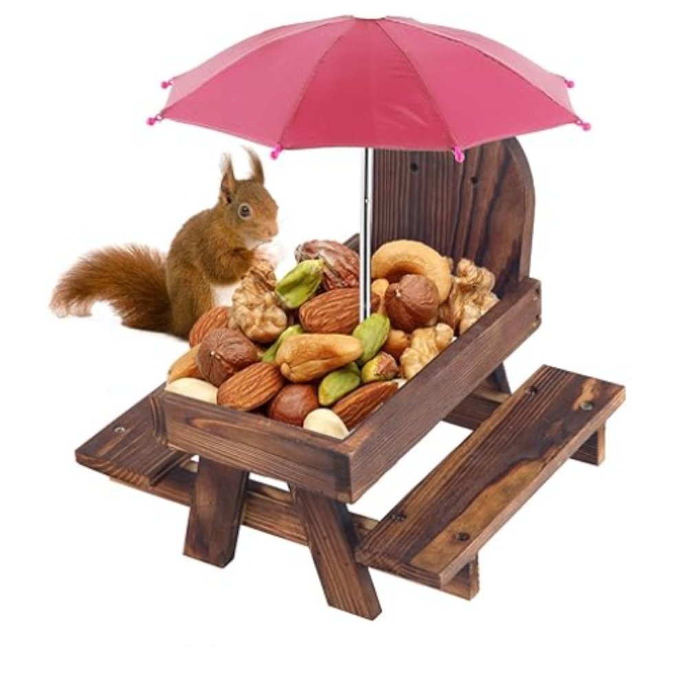 Squirrel & Chipmunk Miniature Wooden Picnic Table - Feeder w/ Removable Umbrella